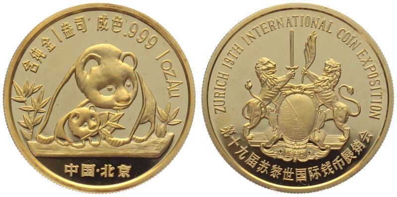 China Panda ND (1990) Zürich – seltene Goldausgabe mit nur 550 Exemplaren - 1 Unze Feingold